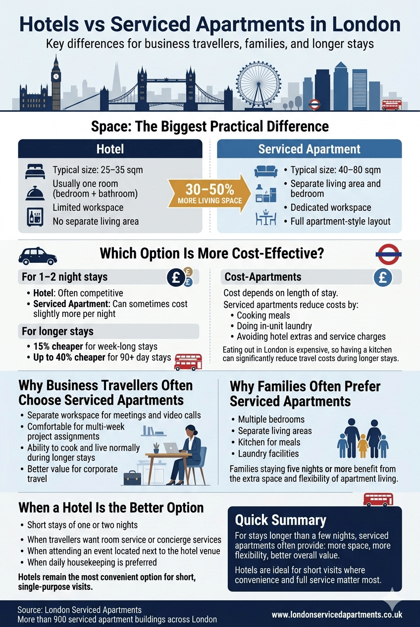 Infographic showing the differences between hotels and serviced apartments in London including space, kitchen facilities, cost and length of stay