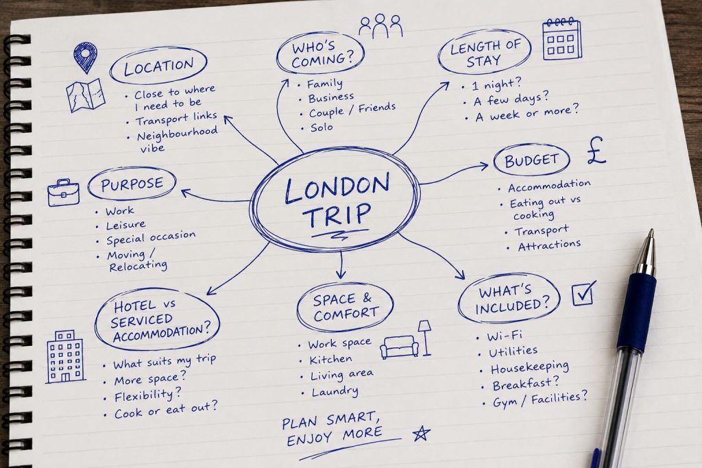 a drawing of a mind map of what people may consider when picking serviced accommodation in London